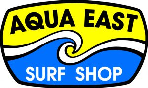 Aqua east surf shop logo with corporate partnerships.