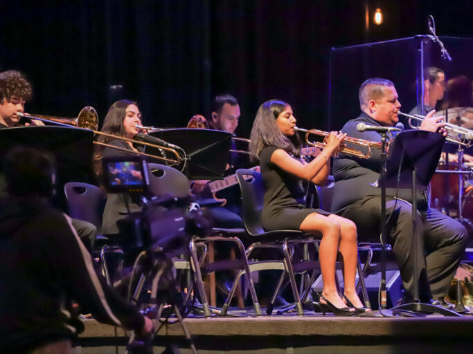 A group of people showcasing their musical talents on stage as part of a Fine Arts performance.