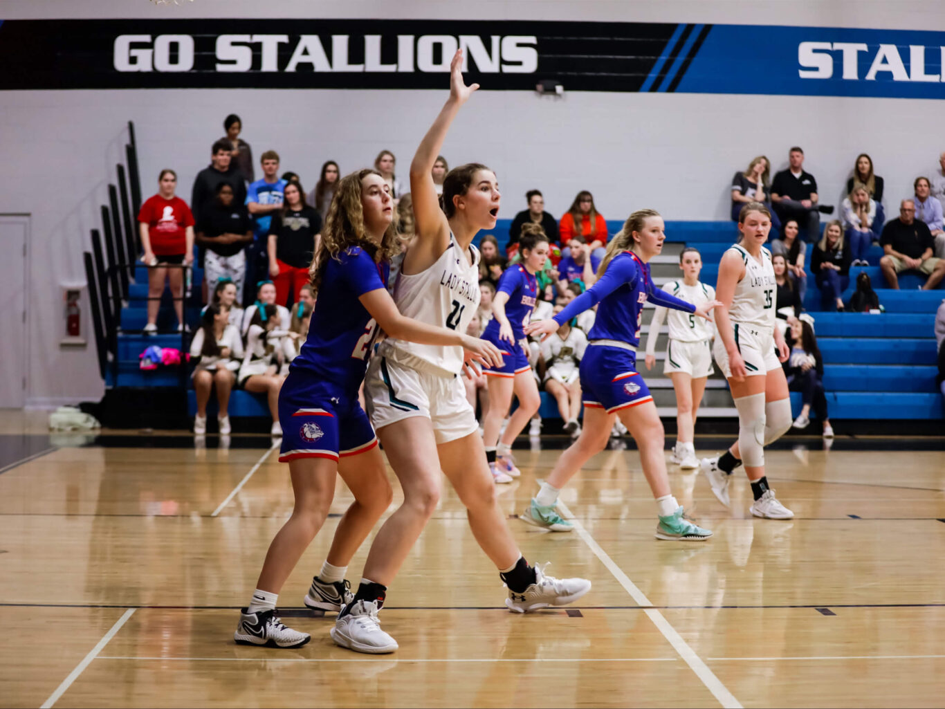 A group of girls playing basketball on a court.