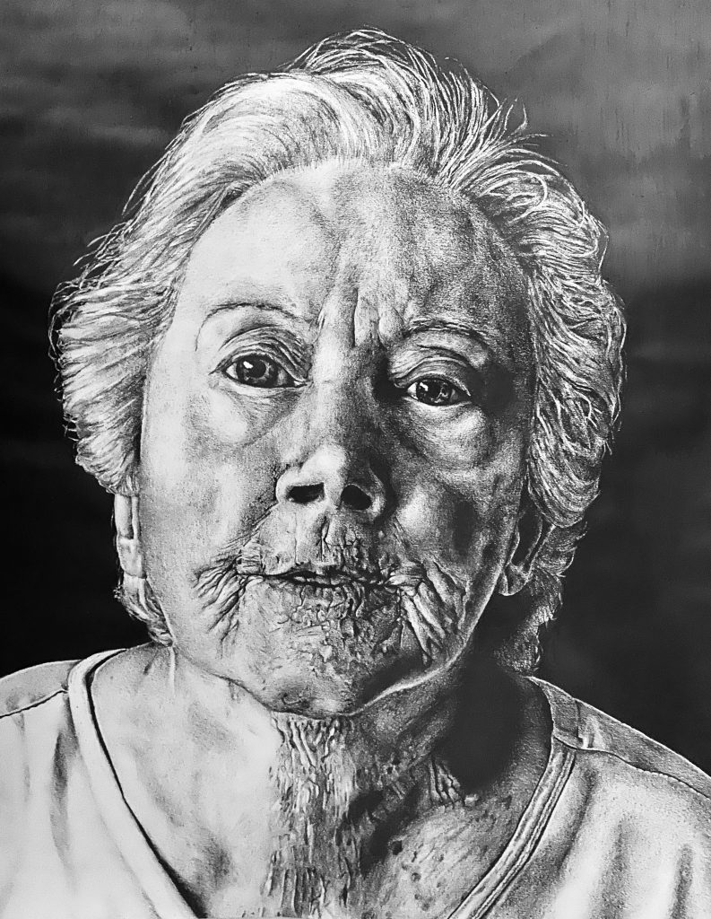 An extraordinary black and white drawing showcasing the remarkable talent of Emma Richmond, a recipient of the prestigious Gold Key Award in Scholastic Art.
