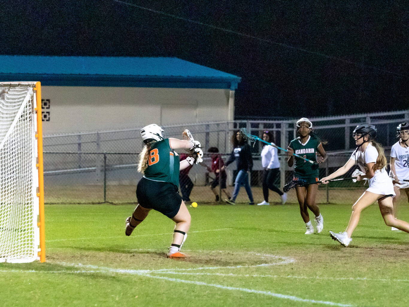 A group of girls engaged in a game of lacrosse on a field.