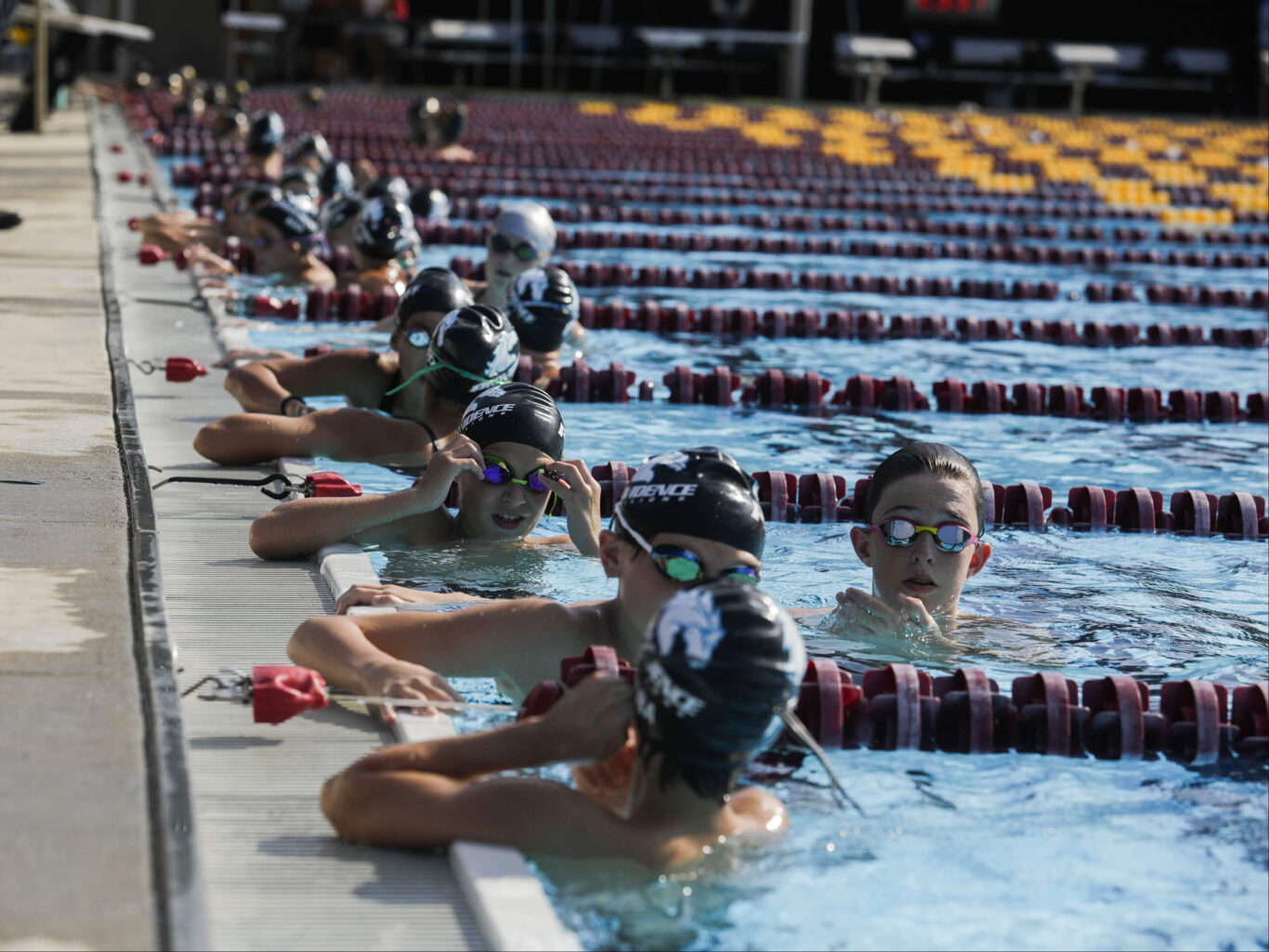 A group of boys swimming in a pool.