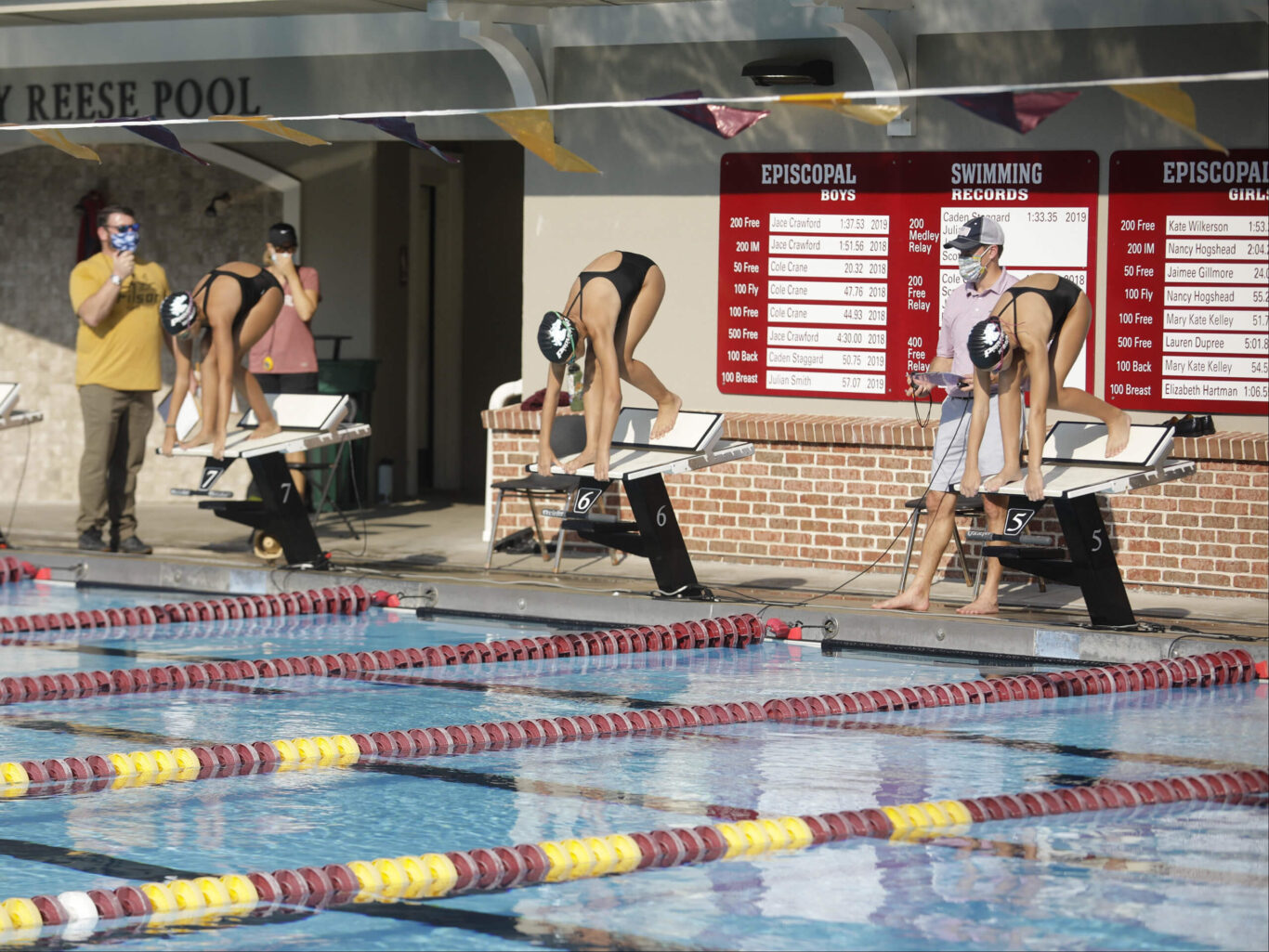 A group of girls swimming in a pool.